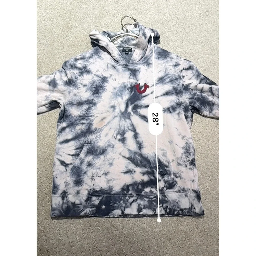 True Religion Mens Tie Dye Hoodie Grey White Buddha Guitar Logo Sweatshirt L